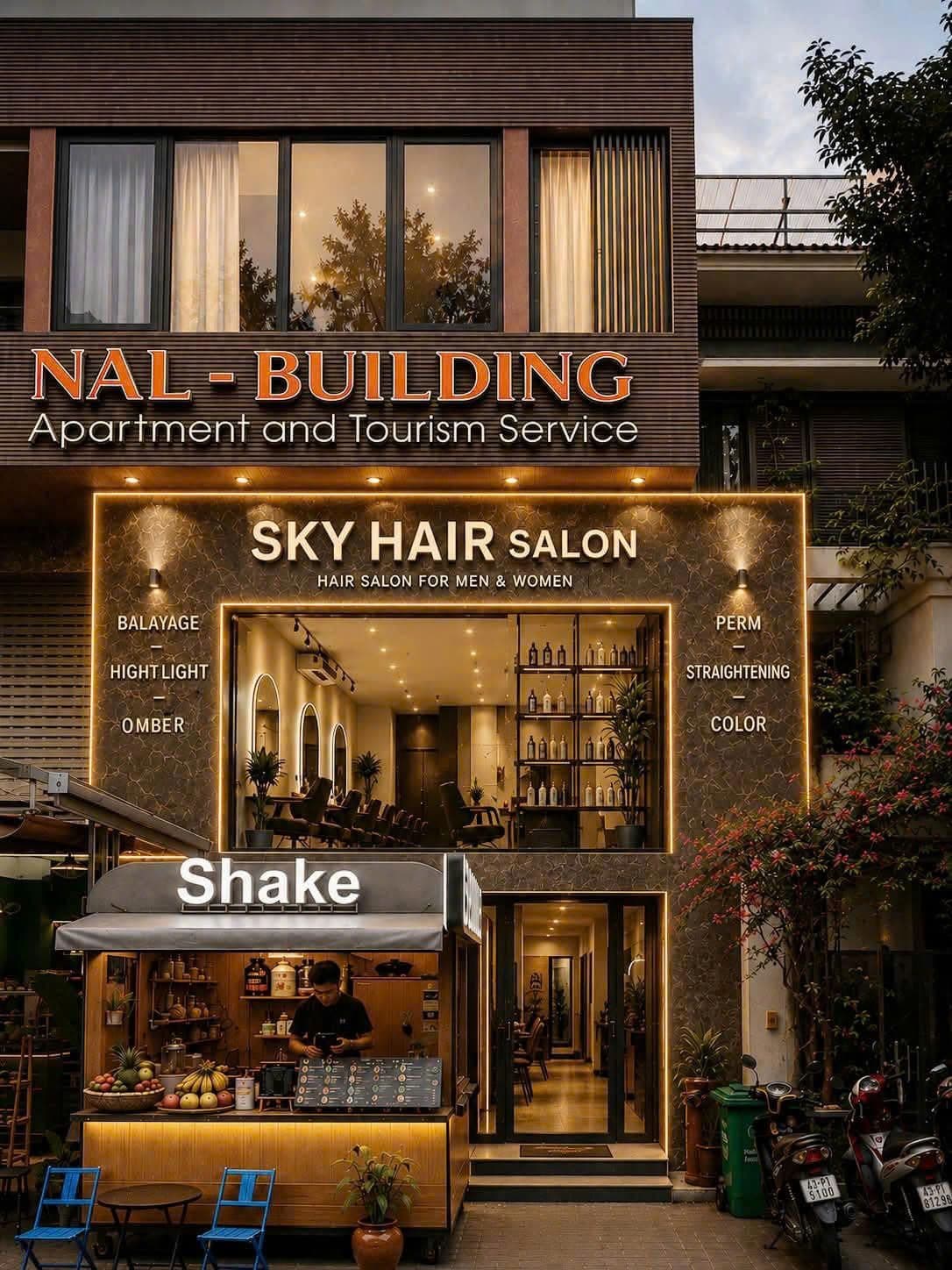 Mặt tiền Sky Hair Salon với bảng hiệu sáng vào buổi tối
